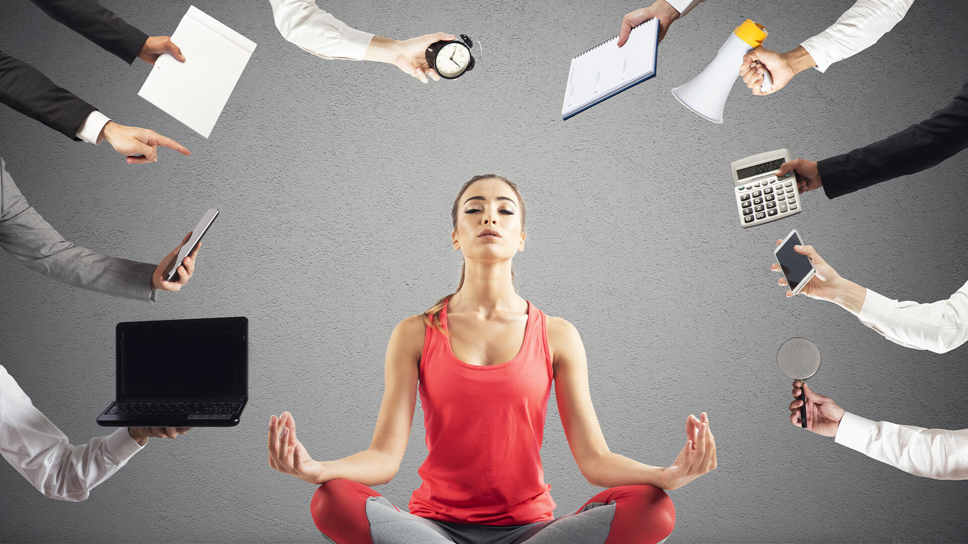 Woman tries to keep calm with yoga due to stress and overwork at work