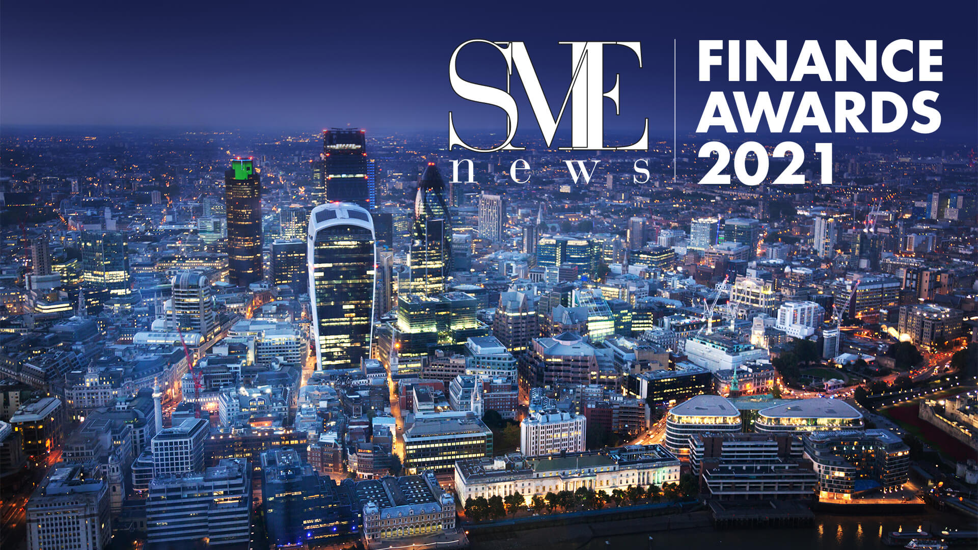 SME New Finanace Awards logo with a city skyline of the London finance district in the background