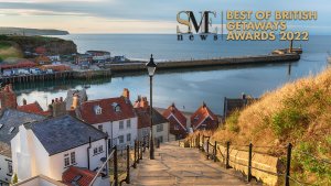 Whitby in Yorkshire, UK. The SME News 2022 Best of British Getaways Awards is in the top right corner